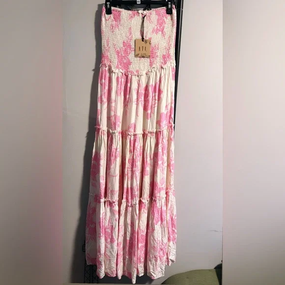 NWT Anthropologie Able The Label Smocked Strapless Tiered Tropical Maxi Dress - Picture 5 of 7